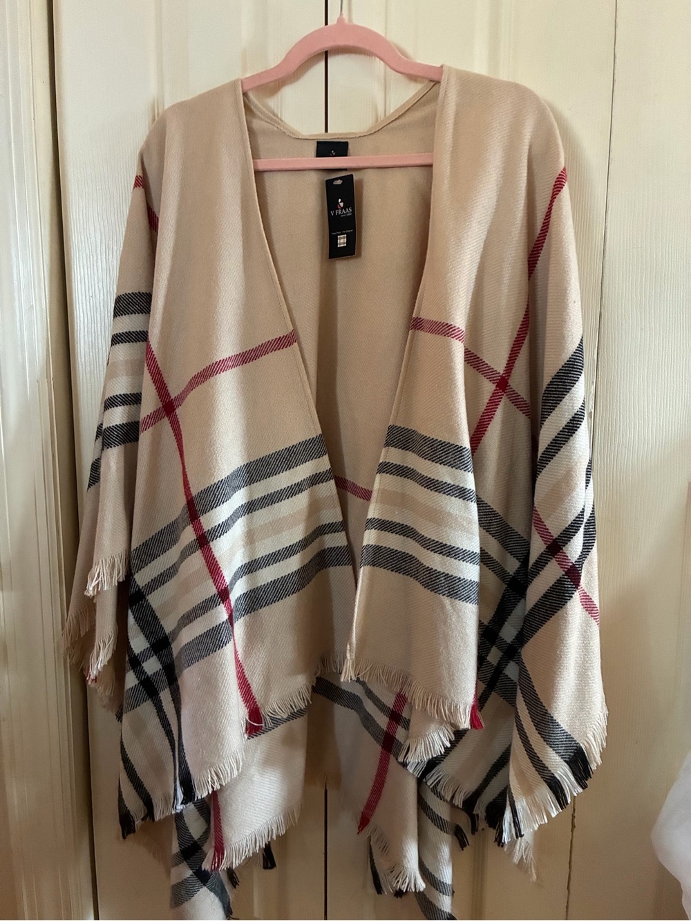 V. FRAAS Beige Plaid Open-Front Poncho with Red & Black Stripes